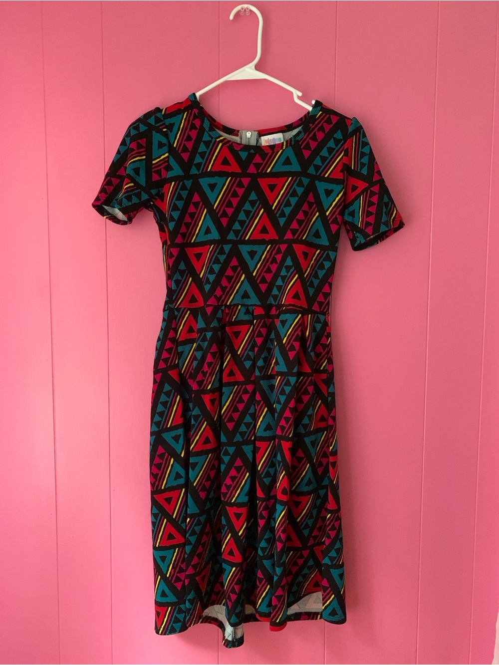 LuLaRoe Multicolor Geometric Fit & Flare Dress - Teal, Red, Black Print XS